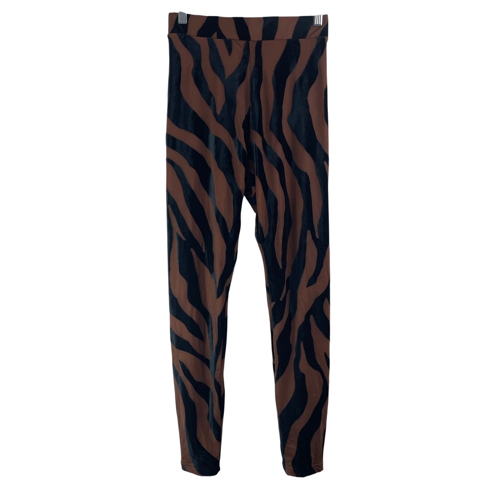 JLUXLABEL Brown Black Zebra Print Velvet Burnout High Waist Leggings Size M NEW